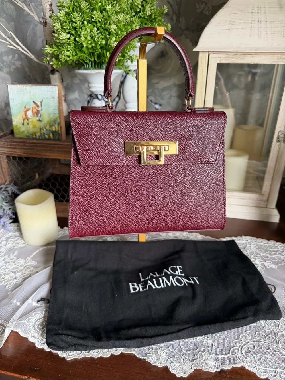 Lalage Beaumont Wine Fonteyn Mignon Leather Top-Handle Leather Satchel Purse Bag
